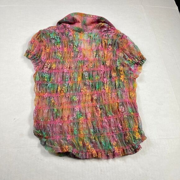 Free People Julie Lace Button Down Shirt Colorful Y2K Short Sleeve Boho Top M - Picture 9 of 10